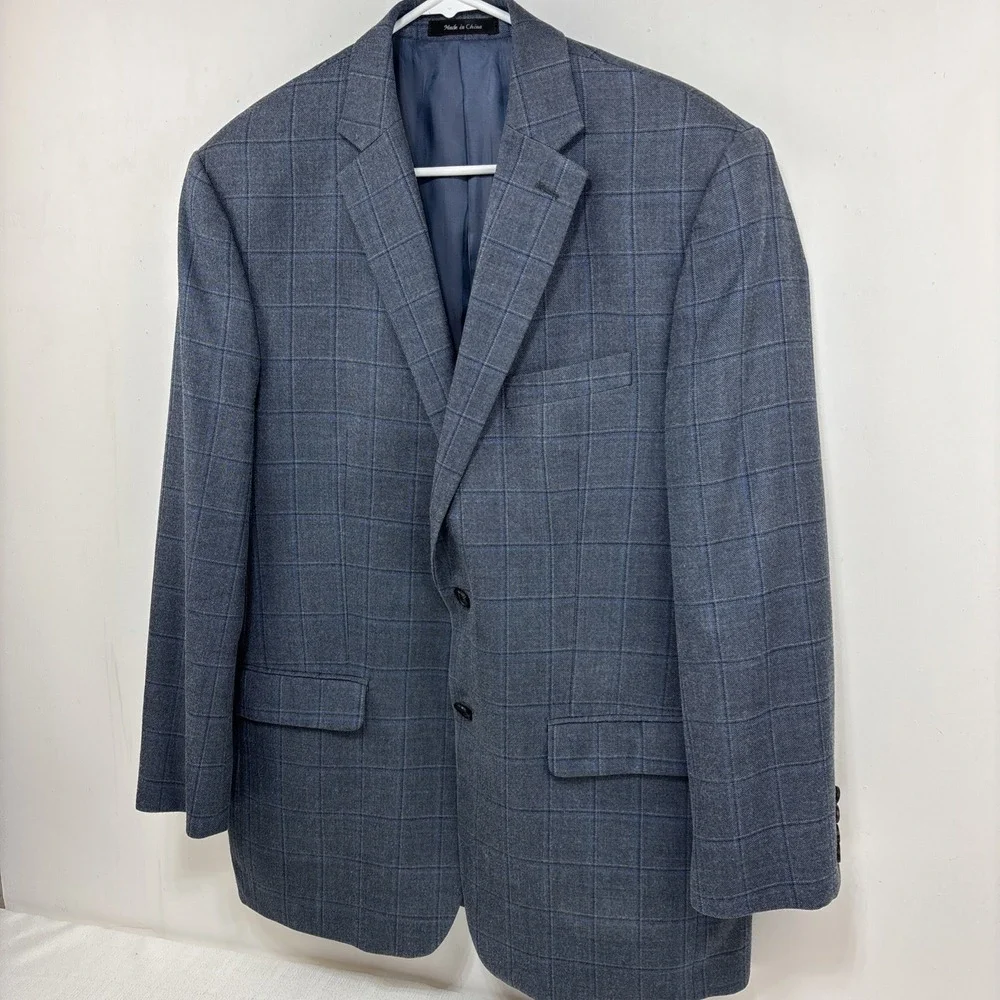 Ralph Lauren Mens Wool Silk Blazer Gray Blue Windowpane‎ Plaid Suit Jacket 42R
